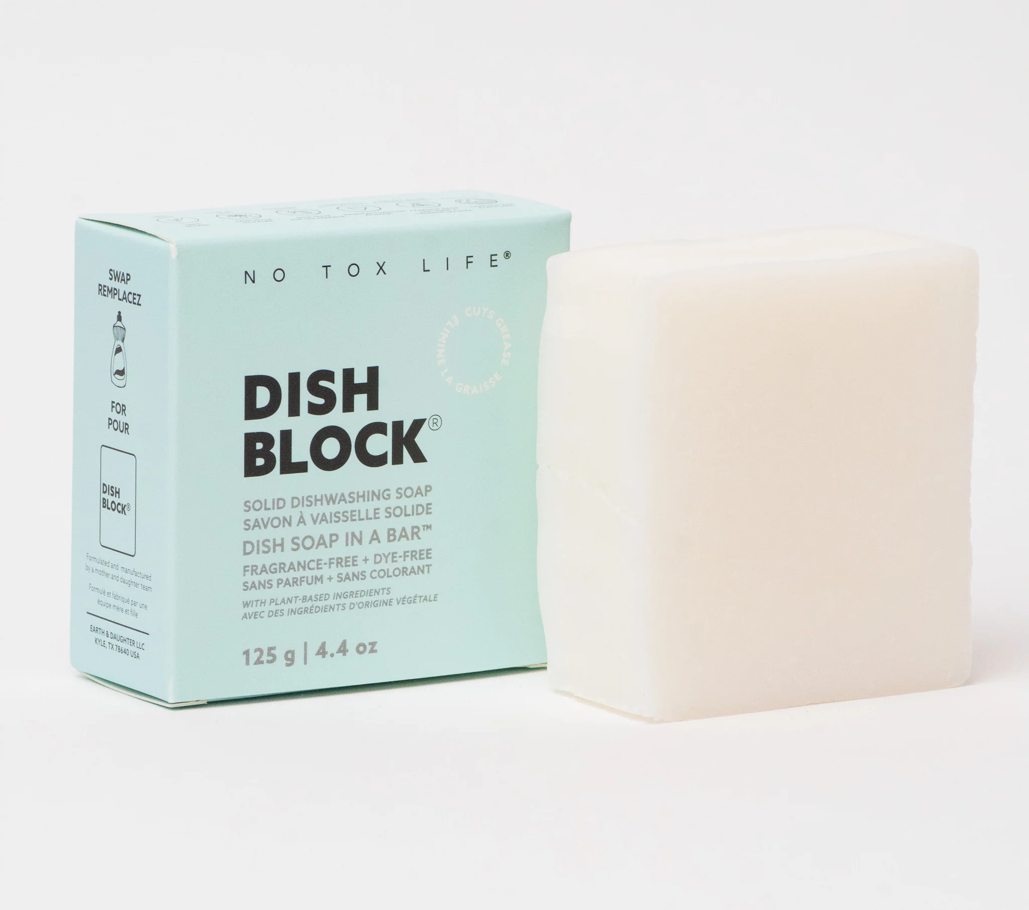 DISH BLOCK® solid dish soap - 4.4 oz (125g) bar - Fragrance Free - No Tox Life® - Image 3